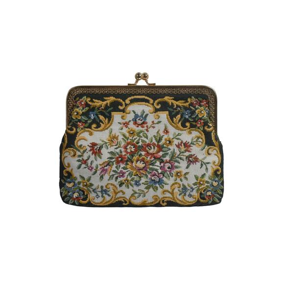1980s Petite Point Berta Floral Tapestry Gold Plated Frame Clutch Shoulder Bag - Picture 2 of 7